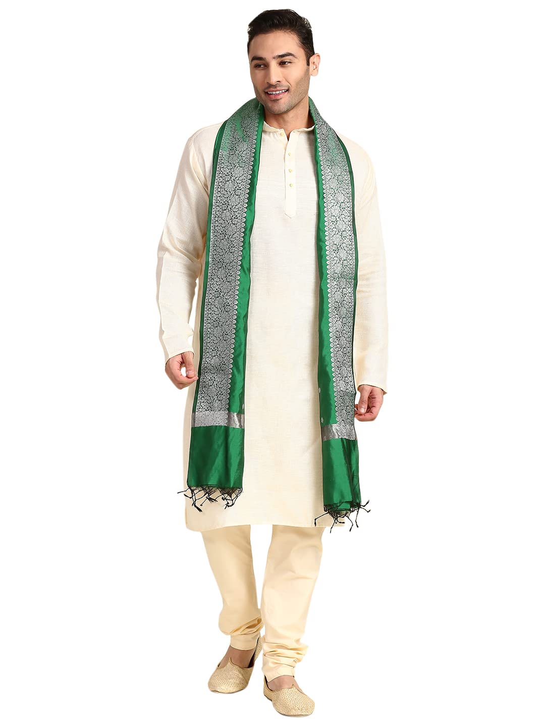 Men's Green & Silver Banarasi Silk Dupatta for Kurta/Sherwani/Achkan-image-29