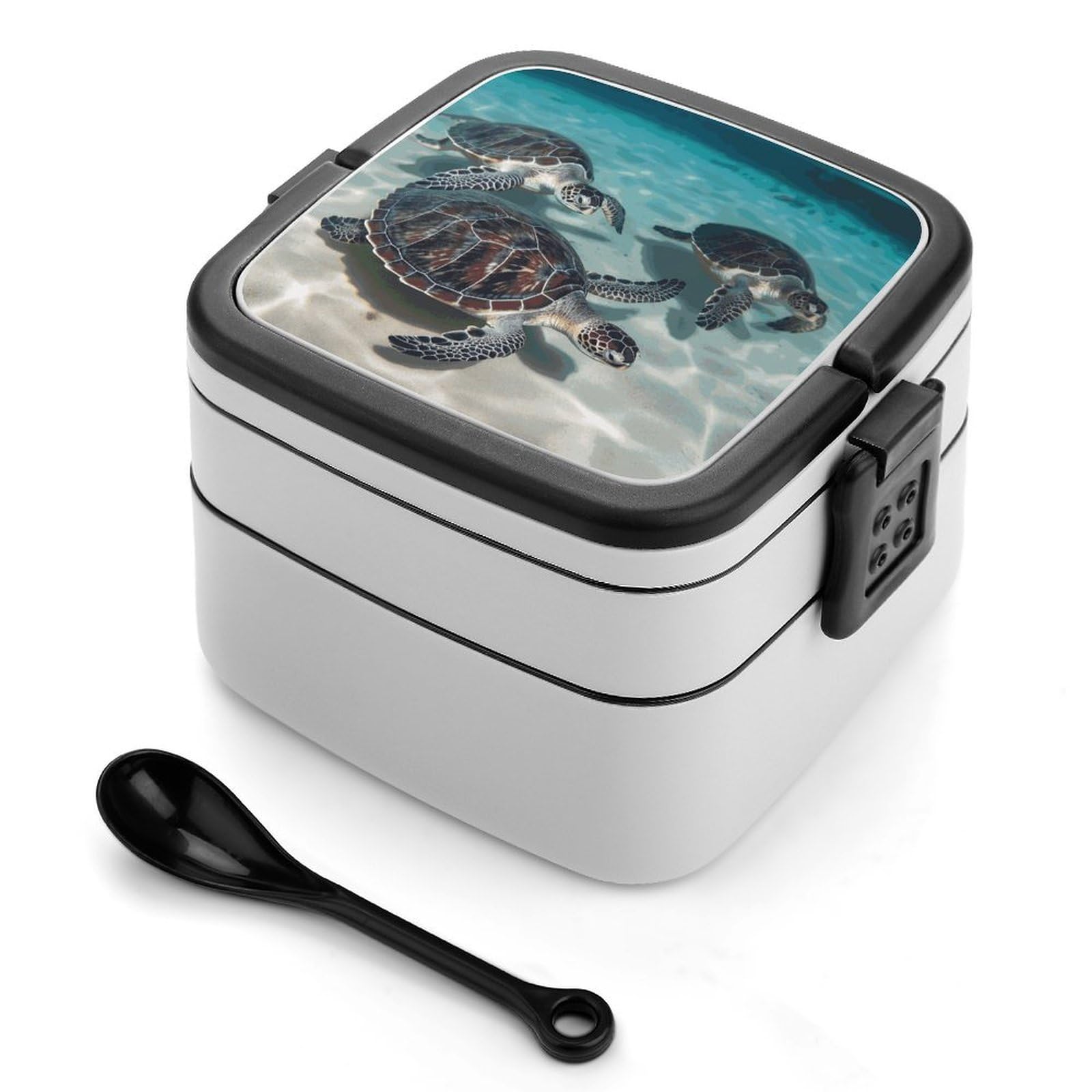 FekiLoot Sea Turtles Bento Box Adult Lunch Box Sealed Bento Lunch Boxes with Spoon Sturdy Double Layer Bento Boxes Snap-on Design Leak Proof Lunch Containers Ideal for Work