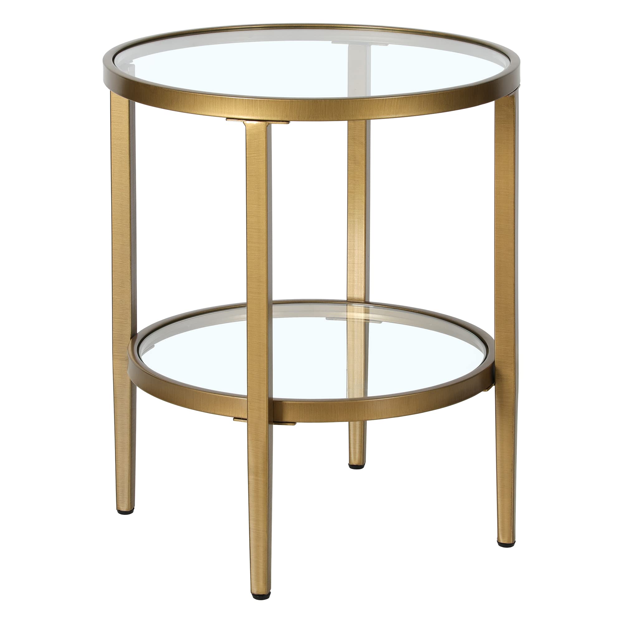 Henn&Hart 20" Wide Round Side Table with Glass Shelf in Antique Brass, Table for Living Room, Bedroom | Glass shelves add airy display space and modern glam style beside sofas, beds, or accent chairs