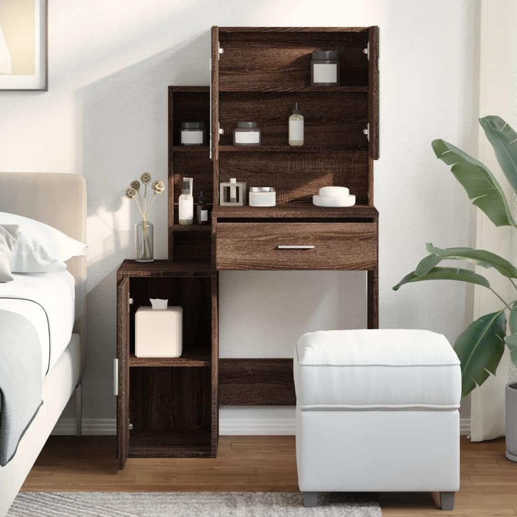 Tocador con armario marrón efecto roble 80 x 35 x 132 cm, material de madera con espejo y cajón, para dormitorio, habitación de niña, habitación juvenil, con mucho espacio de almacenamiento y