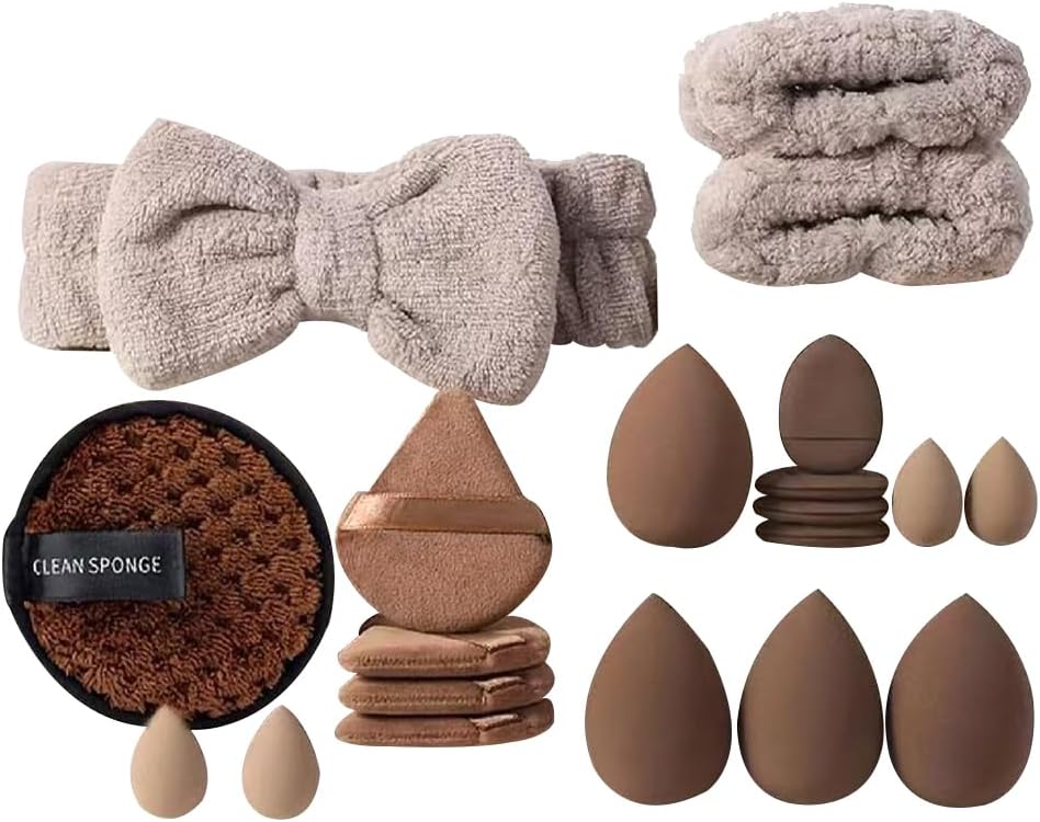 20 Pcs Makeup Sponge Set,Beauty Multi-color Blender Sponges Kit with Head Band,Powder Puffs,Clean Sponge and Wrist Bands,Medium Mini Size Beauty Sponges For Contouring,Eye and Corner (brown)