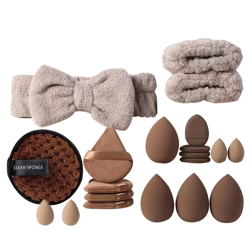 20 Pcs Makeup Sponge Set,Beauty Multi-color Blender Sponges Kit with Head Band,Powder Puffs,Clean Sponge and Wrist Bands,Medium Mini Size Beauty Sponges For Contouring,Eye and Corner (brown)