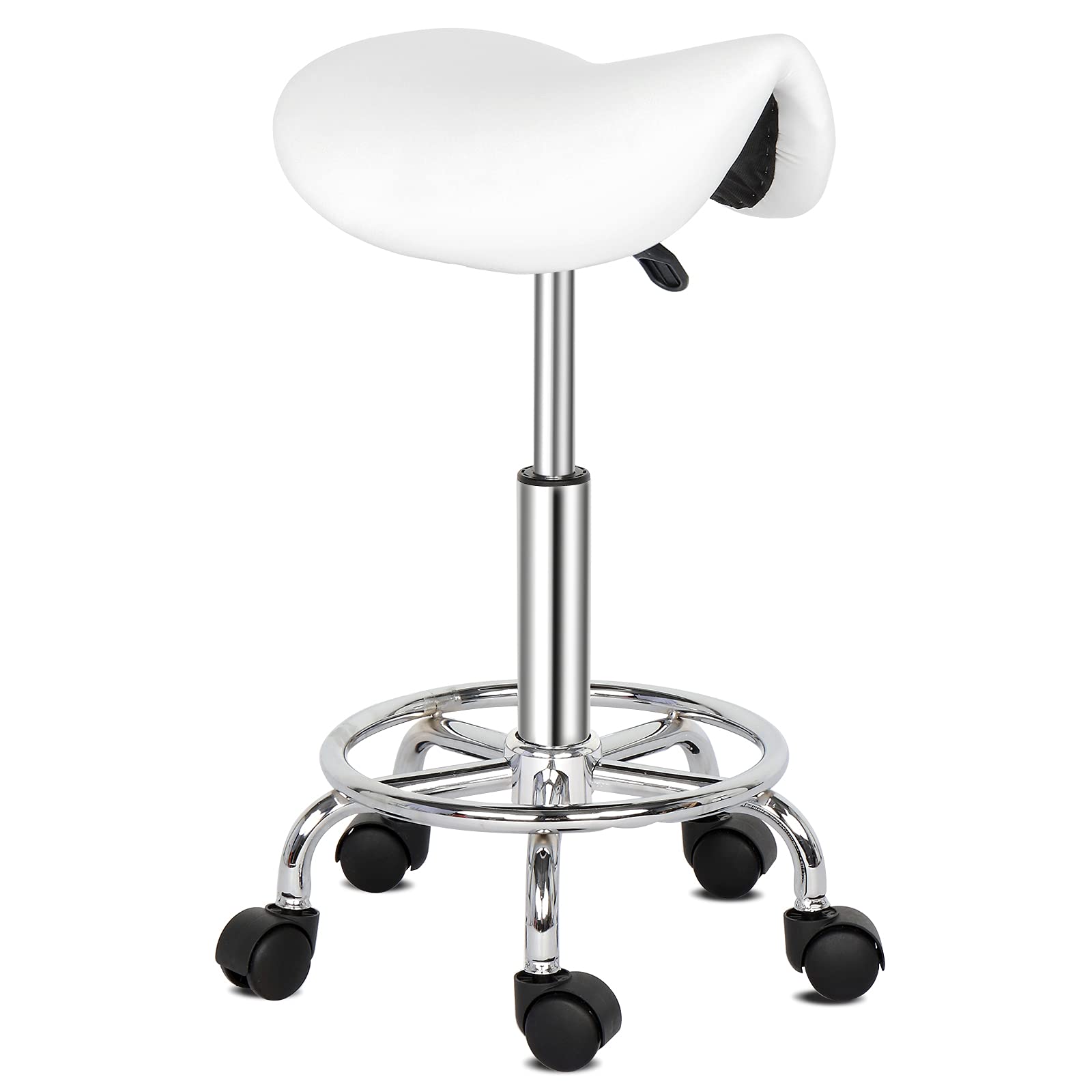 Bonnlo Ergonómico Taburete con Ruedas de Montar, Taburete Regulable Altura 51-65 cm, Taburete Giratorio con Ruedas 360° para Salones de Belleza, Spas y Oficinas Blanco (Blanco)