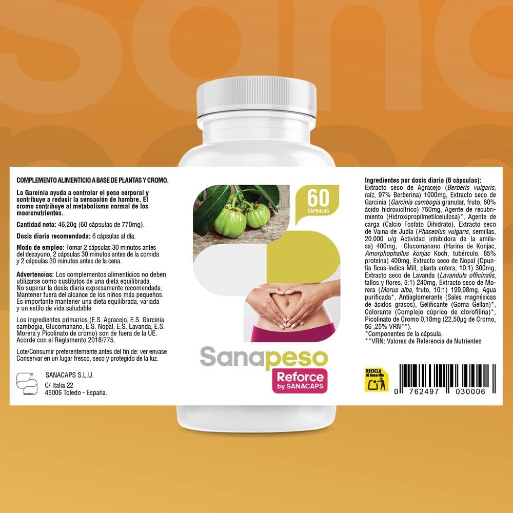 Cápsulas Naturales para el Control de Peso - Con Garcinia Cambogia | Berberis Vulgaris y Morus Alba - Efecto Saciantee - ayuda A promover una pèrdida de peso saludable- 3 BOTES -SANACAPS