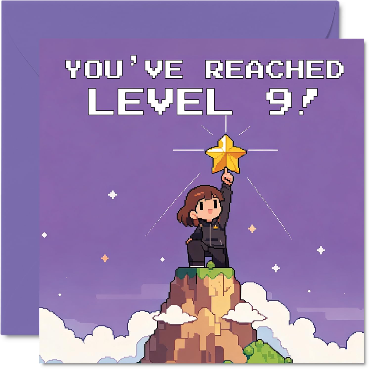 Playful 9th Birthday Card - Level Up Their Big Day - Pixel-art Gamer Design with a Mountaintop Star Moment - 145mm Square, Envelope Included