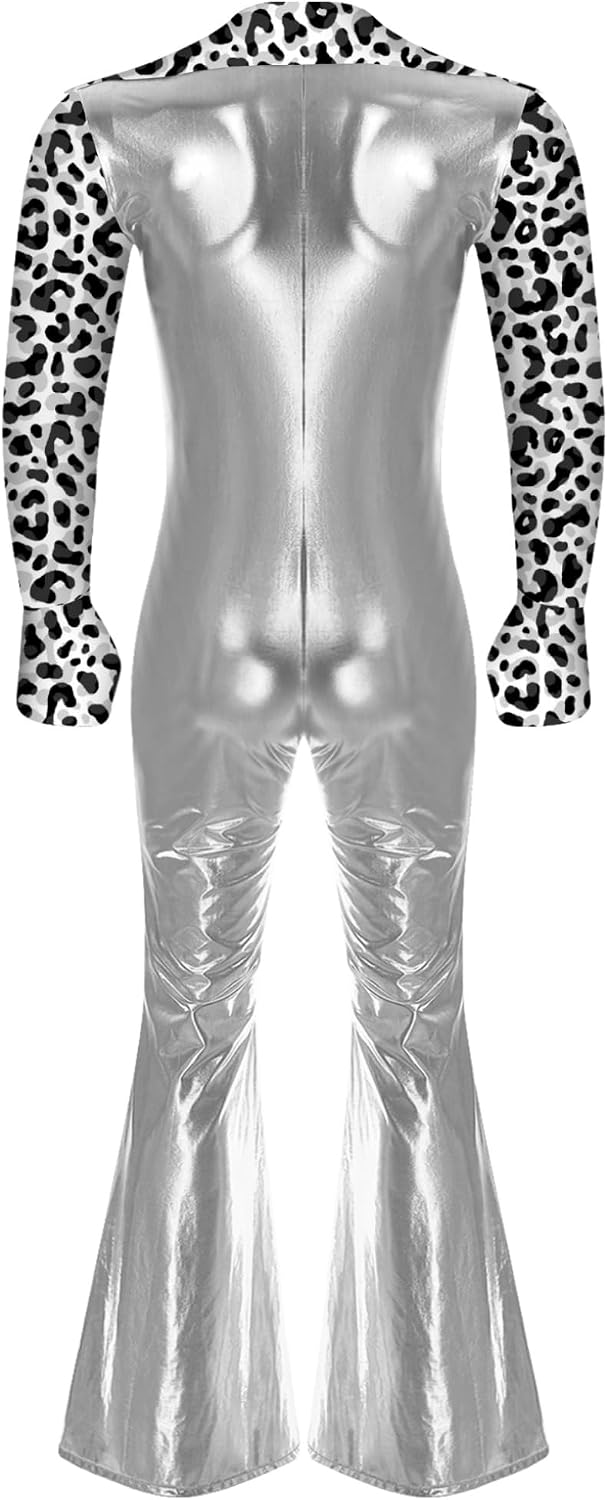 Kaerm Mens Metallic Hippie Jumpsuit Long Sleeve Bell Bottoms Bodysuit Dancewear for Festival Party