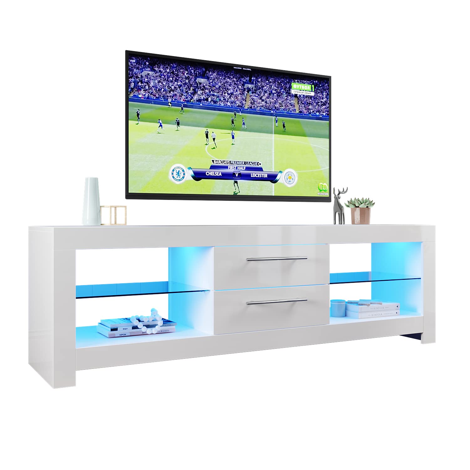 ELEGANT 1600mm Modern High Gloss Matt TV Cabinet with Ambient Light for Living Room Furniture White TV Stand Unit with RGB LED Lights