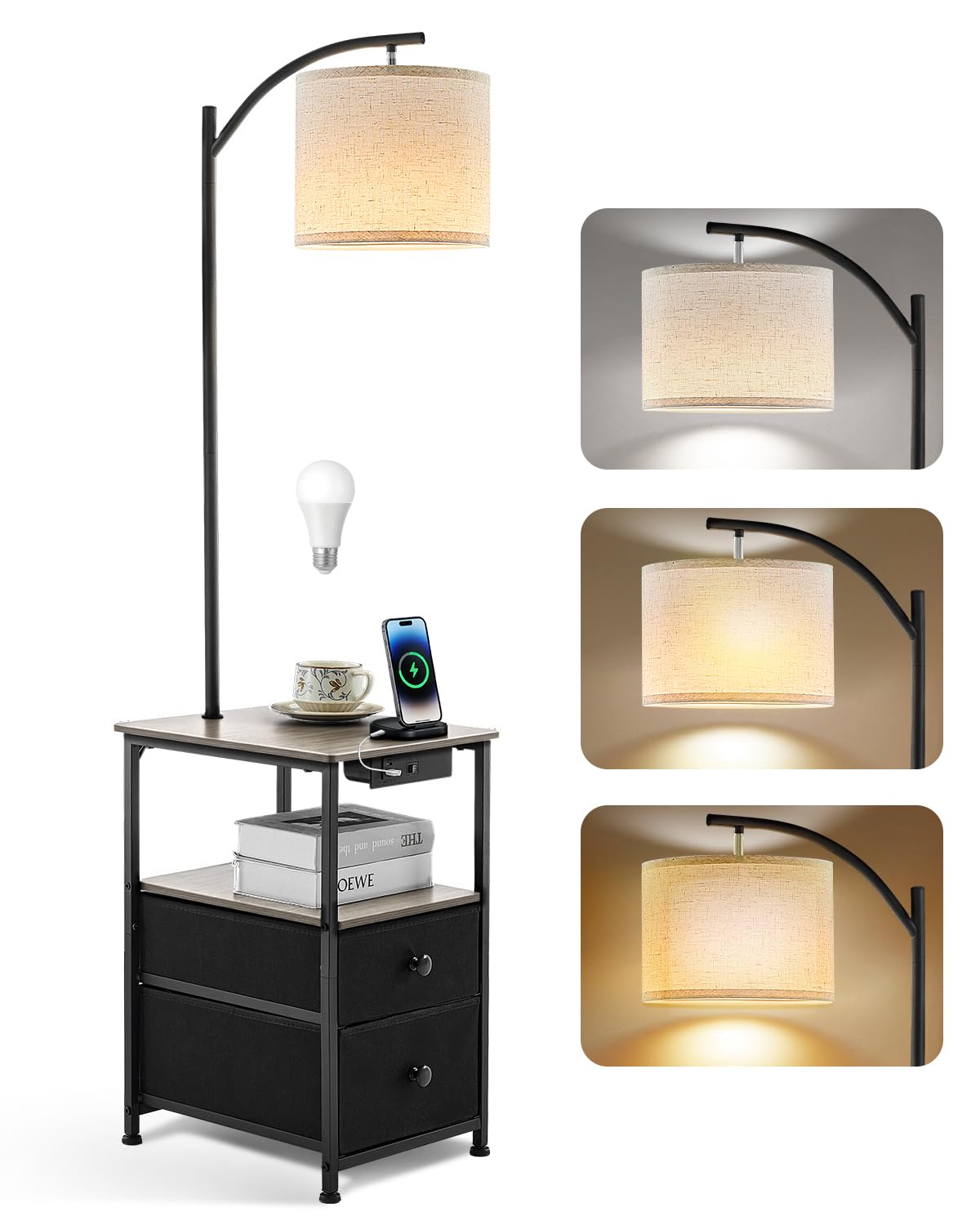 Stehlampe mit Tisch und 2 Schubladen, Nachttischlampe mit USB & Typ-C Ladefunktion, Stehleuchte mit 3 Farbtemperaturen und verstellbarem Lampenschirm, LED Stehlampe für Wohnzimmer und Schlafzimmer