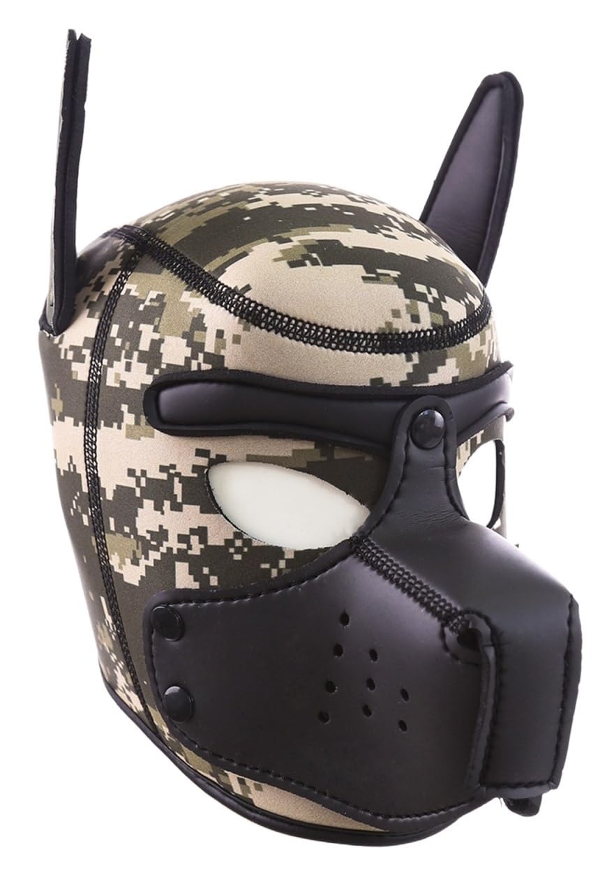 OTEXIFIF Neoprene Puppy Hood Mask, Removable Cosplay Dog Full Face Pup Hood Mask, Halloween Mask (Camo-1, Large)