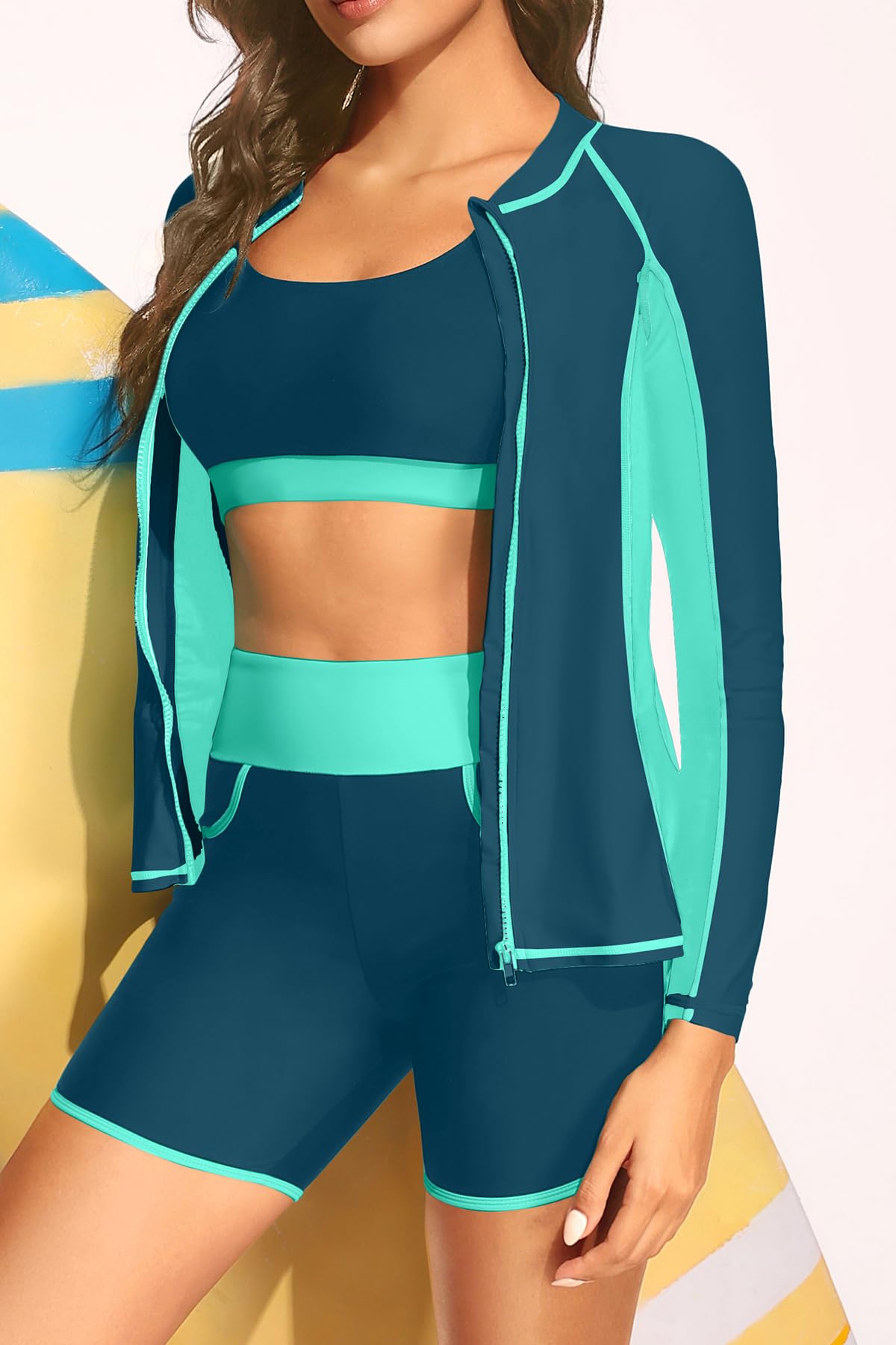 Damen 3-teiliger Rashguard – langärmeliger Badeanzug mit integriertem BH, Schwimmshirt, Reißverschluss, Badeanzug mit Tasche