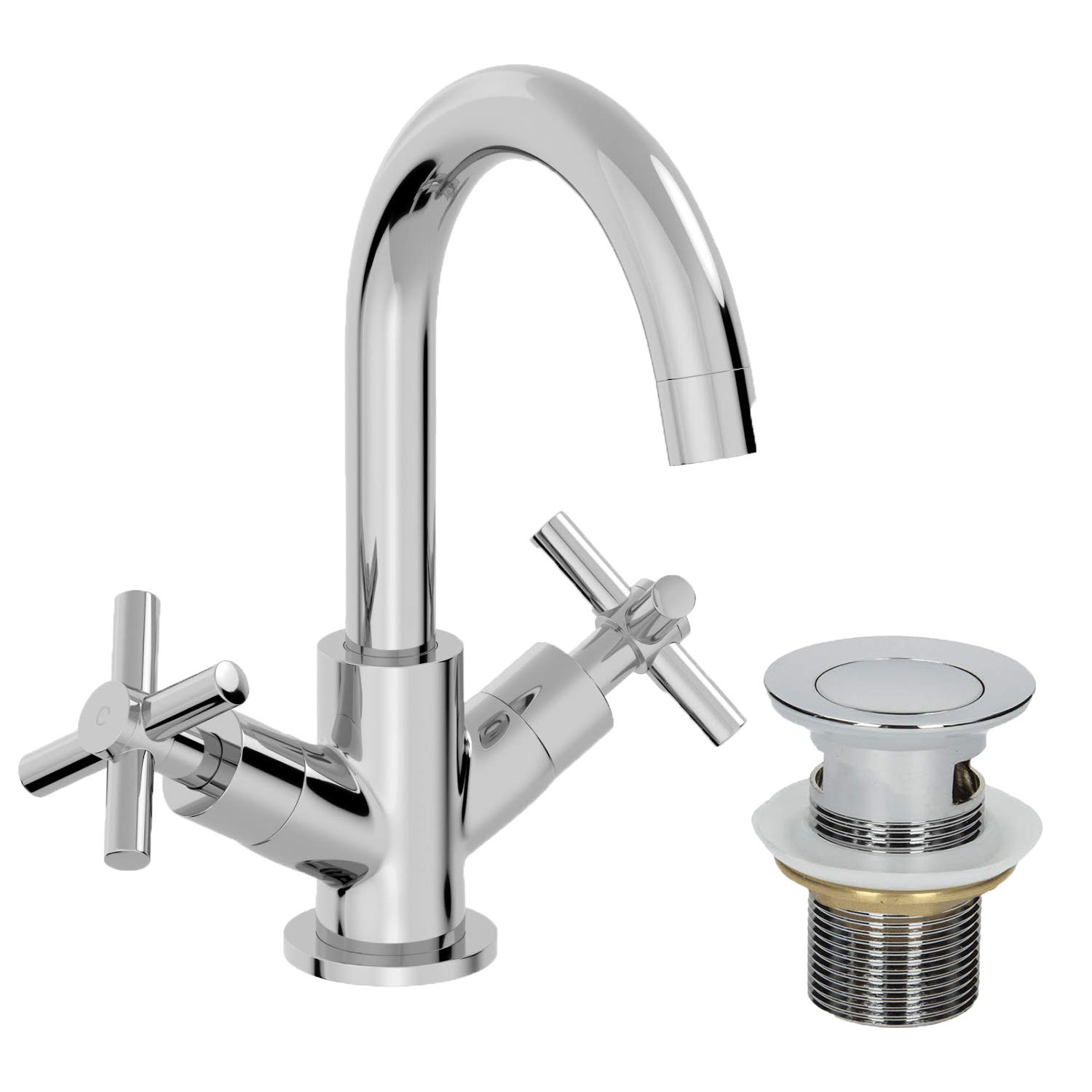 Modern Bathroom Mono Basin Sink Mixer Tap Brass Cross Head Handle Curved Spout Chrome Slotted Basin Waste