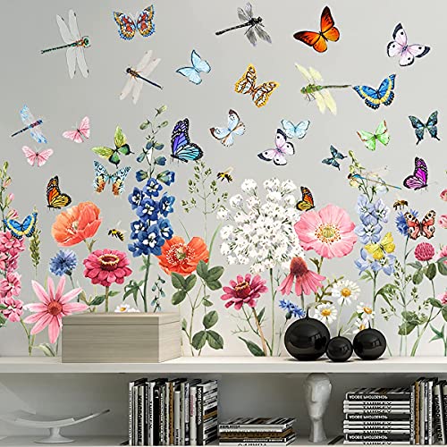 Colorful Flower Wall Decals Garden Butterflies Dragonflies Vinyl Wall Decals Stickers Removable Wall Stickers for Kids Room Nursery Classroom Bedroom Decoration