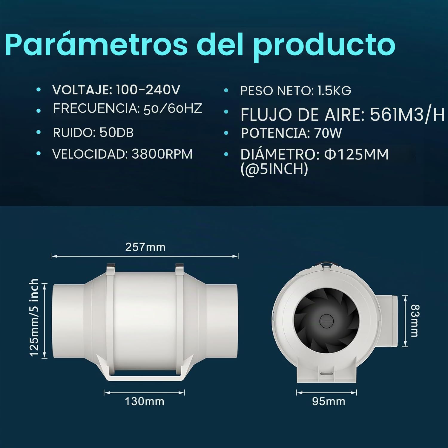 HG Power Ventilador de tubo regulable de 125 mm, con ventilador, regulador de velocidad, ahorro de energía, silencioso, para baño, cocina, baño, garaje, ventilador de aire