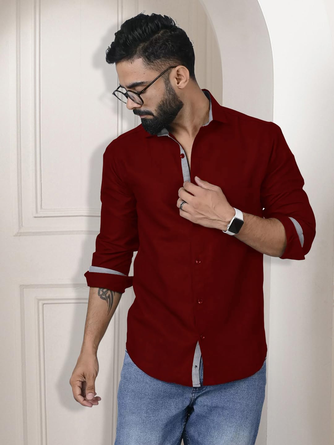 Pinkmint Camisa para hombre de algodón con cuello extendido, botones, manga larga, para el hogar, regular, hogar (paquete de 1), color morado