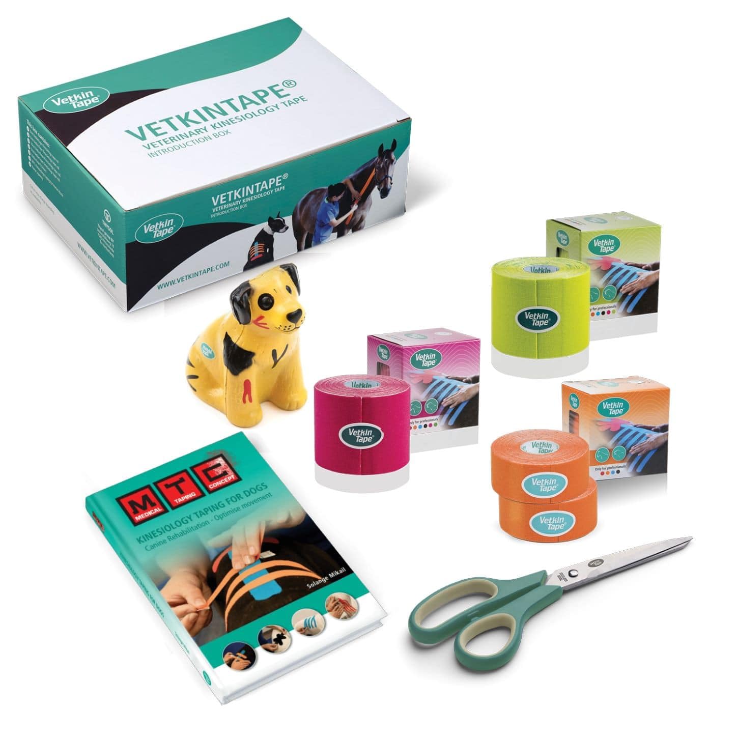 VetkinTape Oferta introductoria canina | Cinta de kinesiología canina | Libro de cinta para perros | 3 rollos de cinta de kinesiología veterinaria | Tijeras premium