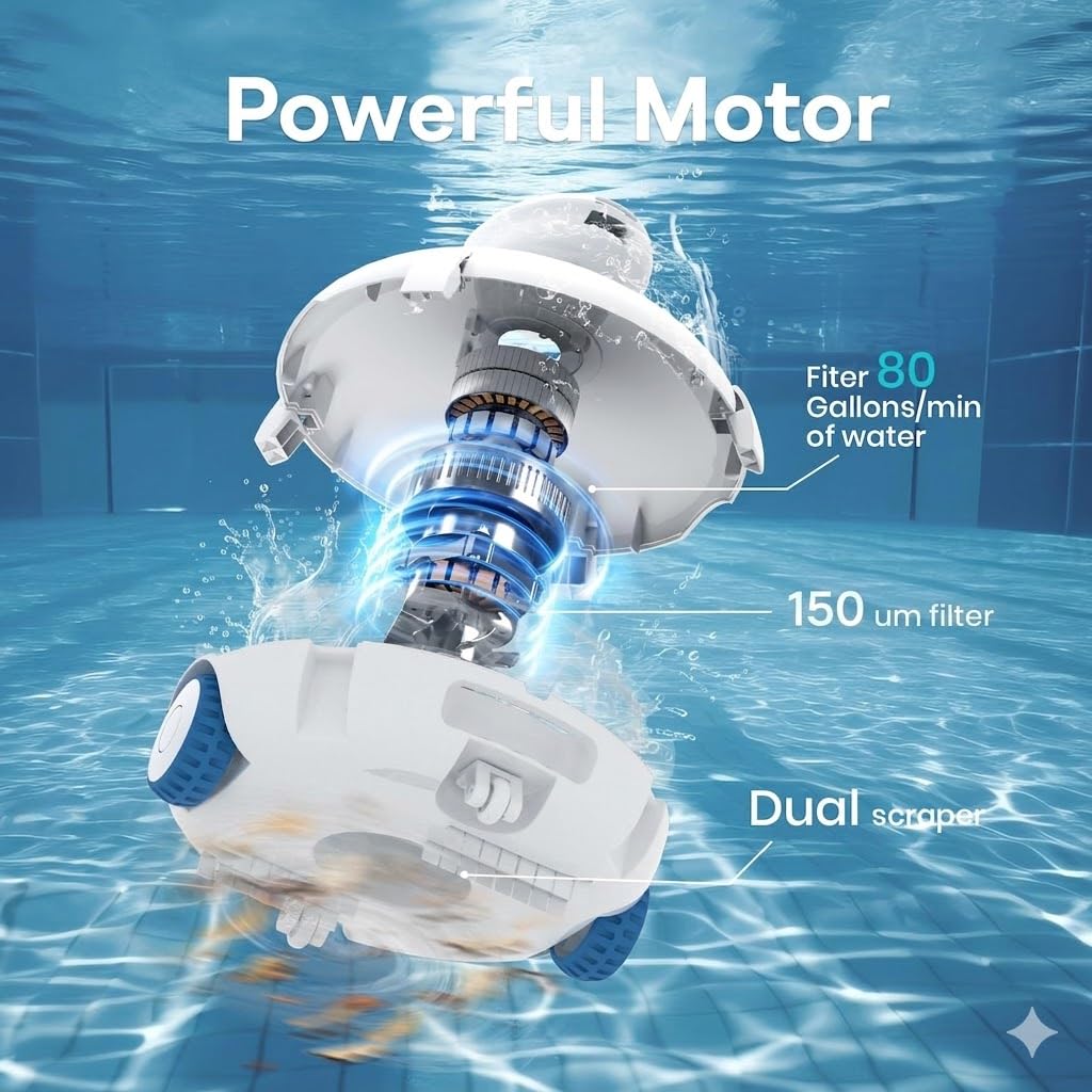 Robot nettoyeur de piscine sans fil pour piscines hors sol/creusées | Aspirateur de piscine à autonomie de 120 minutes, forte aspiration pour sable et feuilles, stationnement automatique