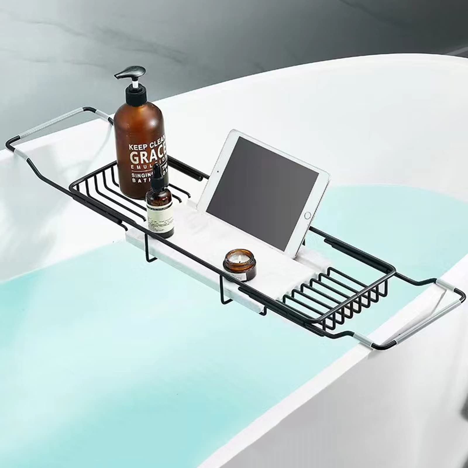 JKJZSALJ Stainless Steel Bathtub Caddy Tray With Non Slip Grip Expandable Bath Tub Racks And Shower For Most Tubs,Black-2