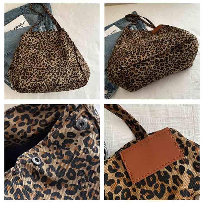 Bolso tote grande de lona con estampado de leopardo para mujer miniatura 5