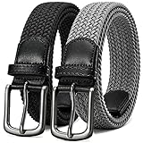 ストレッチ編組ゴルフベルト 2パック、メンズカジュアル織弾性ベルト 1 3/8" ギフトボックス入り, ブラックとグレーの2パック。, 34-36 (Fit Pants Size 32-34)
