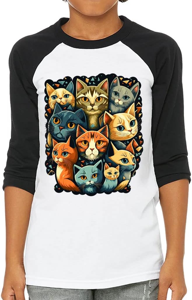 Cats Design Kids' Baseball T-Shirt - Cute 3/4 Sleeve T-Shirt - Kitten Art Baseball Tee
