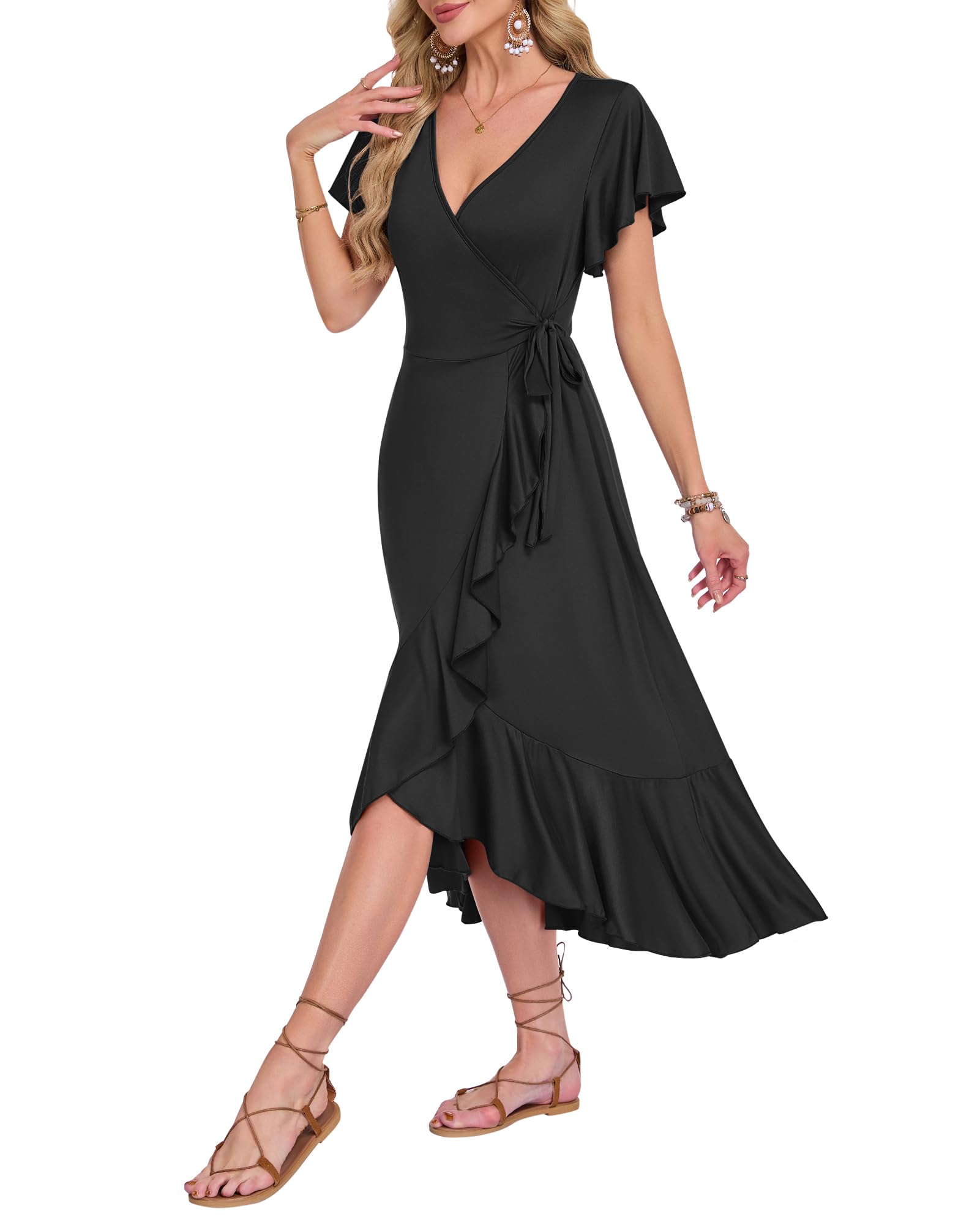 AUSELILY Vestido Midi Verano Mujer Playero Casual Cuello V Manga Corta Abertura Lateral Volantes Cóctel Invitada de Boda