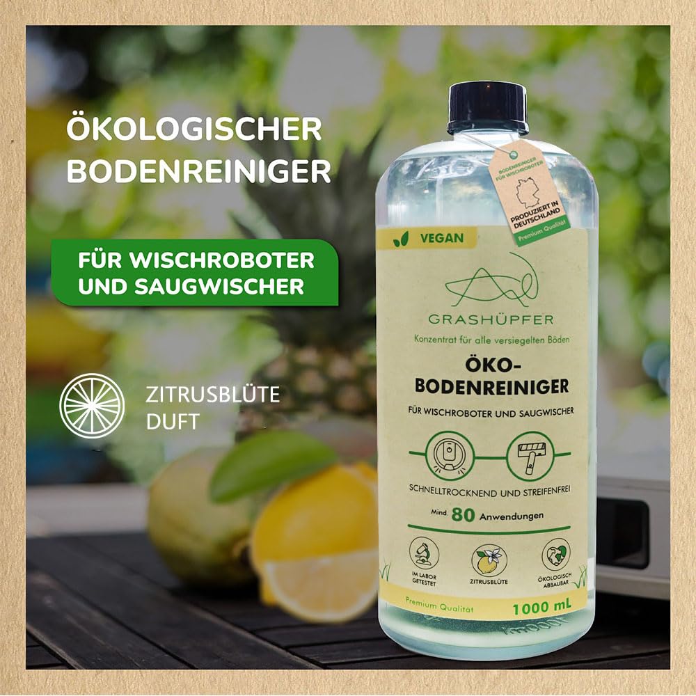 3er Set GRASHÜPFER® Öko Bodenreiniger für Wischroboter [ZITRUSBLÜTE] - Wischroboter Reinigungsmittel kompatibel mit Roborock, Dreame, Ecovacs & Co. für Laminat, Parkett, Vinyl & Fliesen - 3x1000 ml