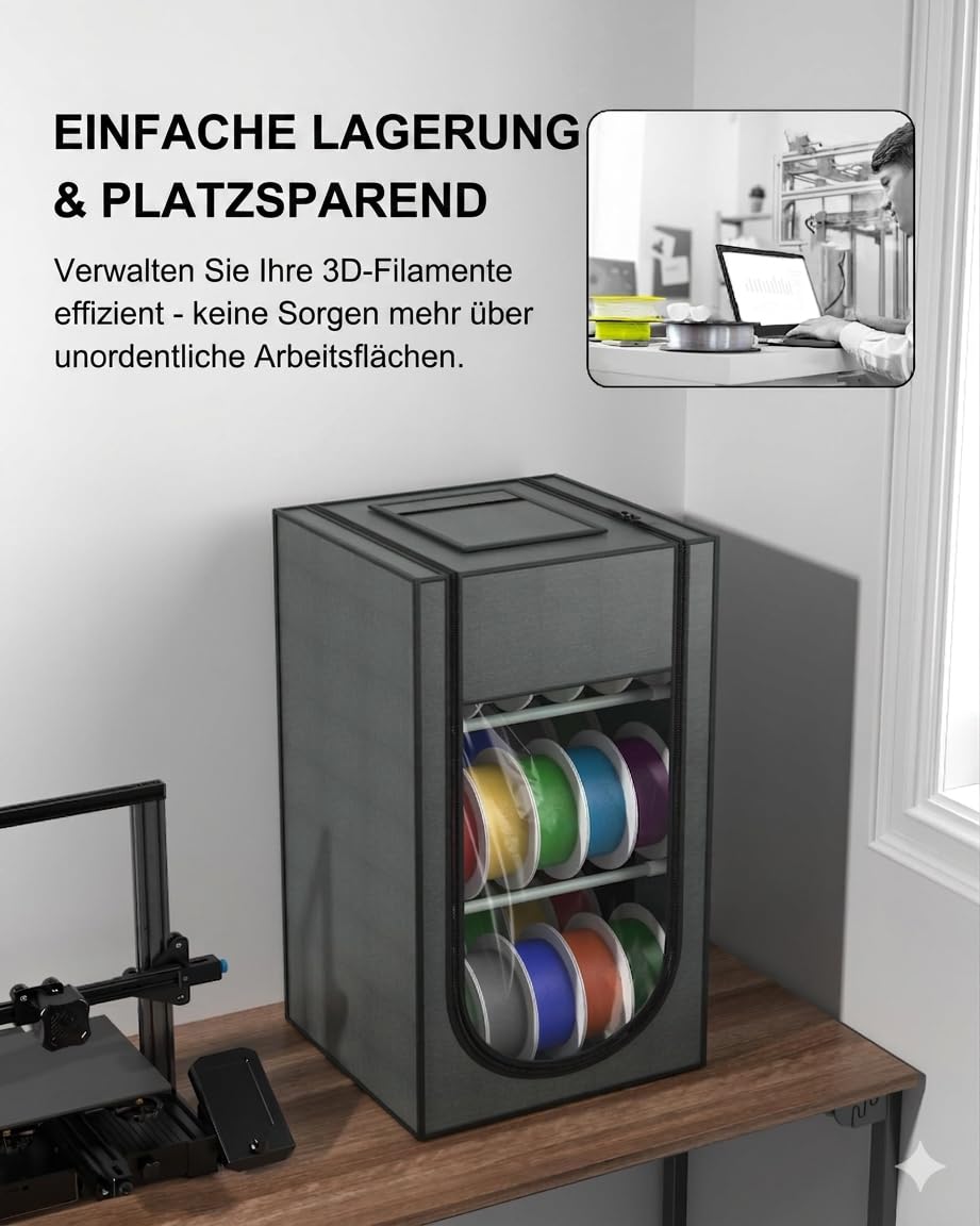 Pudełko do przechowywania filamentu 3D, 3-poziomowy, metalowy regał z przezroczystą pokrywą i środkiem osuszającym – na 30 rolek (PLA, ABS, PETG, TPU)