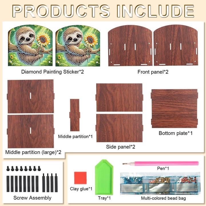 Image of Diamond Painting Wooden Desk Organizer, Sloth with Sunflower Design DIY Diamond Art Storage Box for Tabletop Decoration, Crystal Rhinestones Art Desktop Ornament Kit for Adults