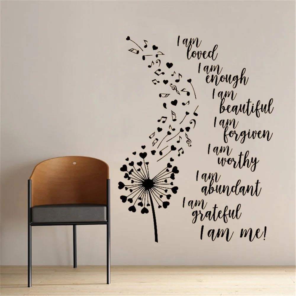 WANGSHUAIS Black and White Wall Sticker - I Am Loved I Am Good Enough I Am Beautiful - Text and Dandelion - Waterproof PVC Matte Vinyl - 57 x 76 cm