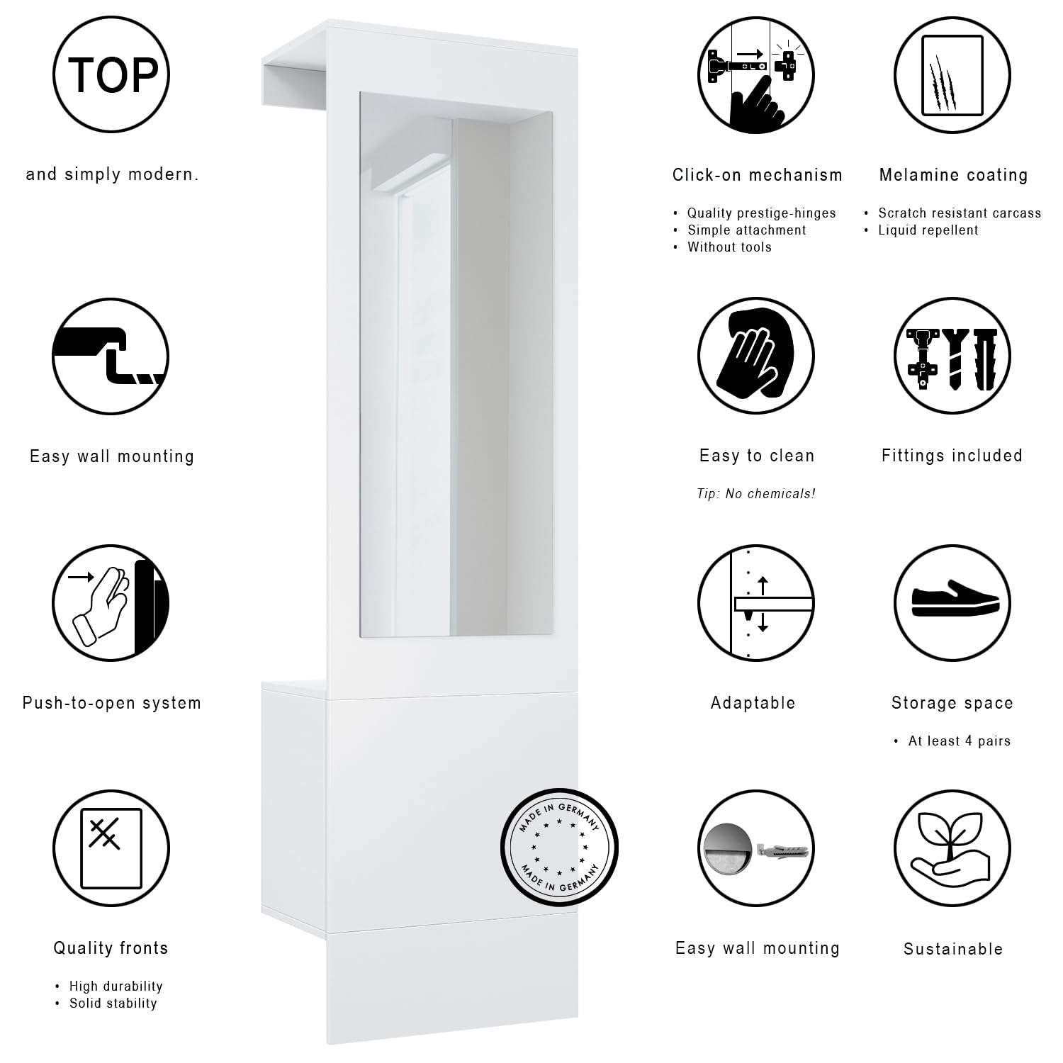 Vladon Garderobe Carlton Neo, Wandgarderobe aus Flur-Paneel mit Spiegel, Kleiderstange & Wandschrank, Weiß matt (52 x 193 x 35 cm)