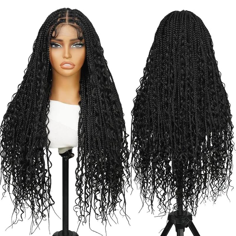 Alipearl Wig 36 Inch Knotless Braided Wigs Boho Braided Wig With Curly Ends 13x6 Lace Front Wig Synthetic Hair Goddess Triangle Braids Wig