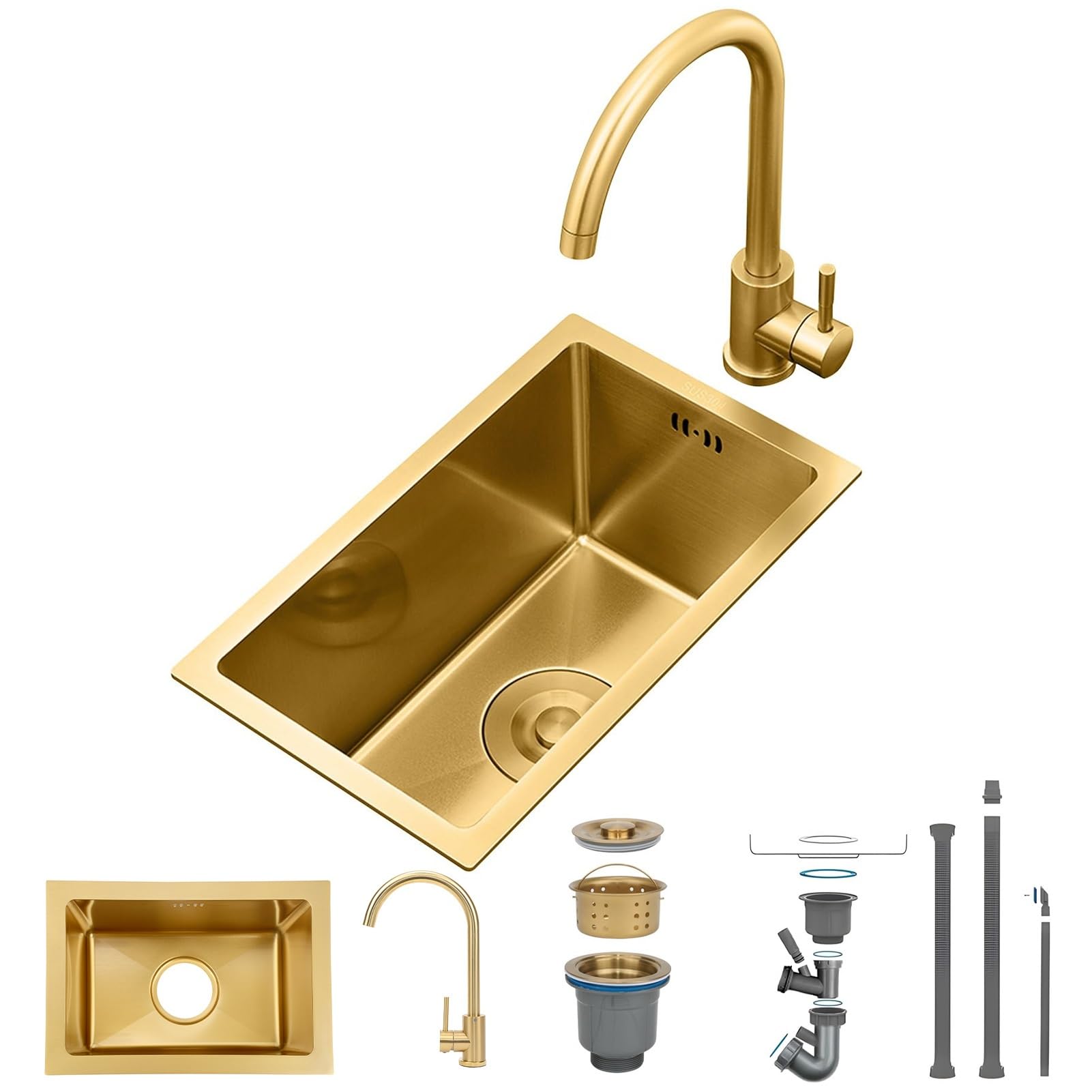 ZQFHSX Gold Stainless Steel Bar Prep Sink with Faucet, Undermount/Drop-in Single Bowl Golden Drain Strainer, Compact Workstation Set, RV & Kitchen Sink(Gold#1,38x26cm)