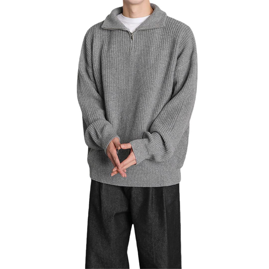 Vogrtcc Suéter de cuello medio alto con cremallera para hombre, estilo coreano, holgado, casual, gris, XXL
