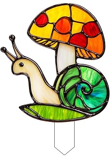 Acrylic Stakes 3.94inch Stained Glass Style Plant Stakes Marker Assorted Mushrooms Dragonfly Beetle Mouse Statues Crafts Double-Sided Printing Plastic Decorative Pots Stake (B)