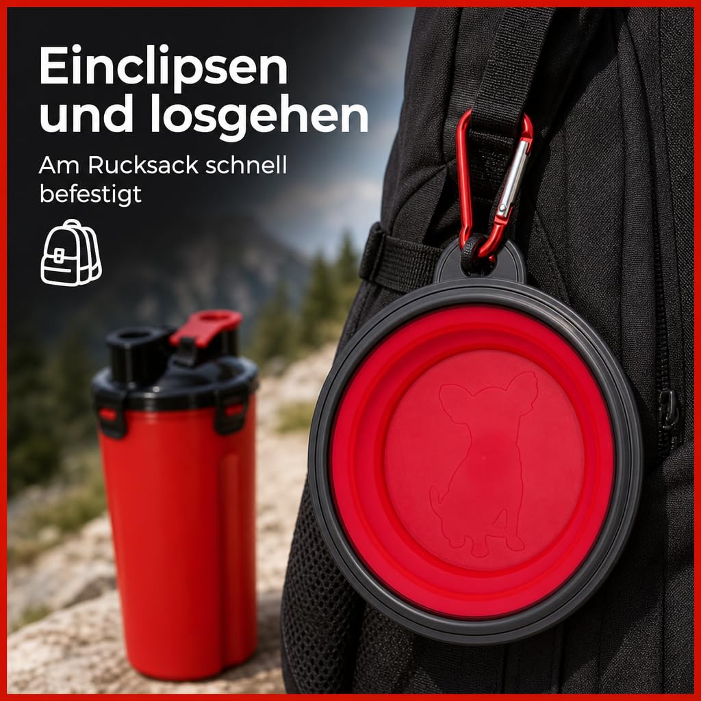 Contenitore per cani da viaggio, con 2 camere separate per acqua e cibo secco e ciotola pieghevole in silicone, 800 ml, portatile (rosso)