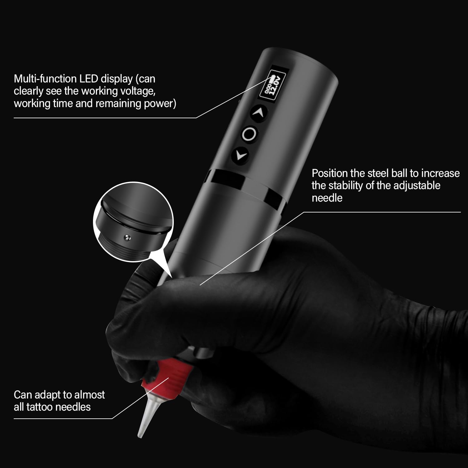 Close-up of the OZER Wireless Tattoo Pen showing the multi-function LED display and controls for voltage adjustment and needle stability.