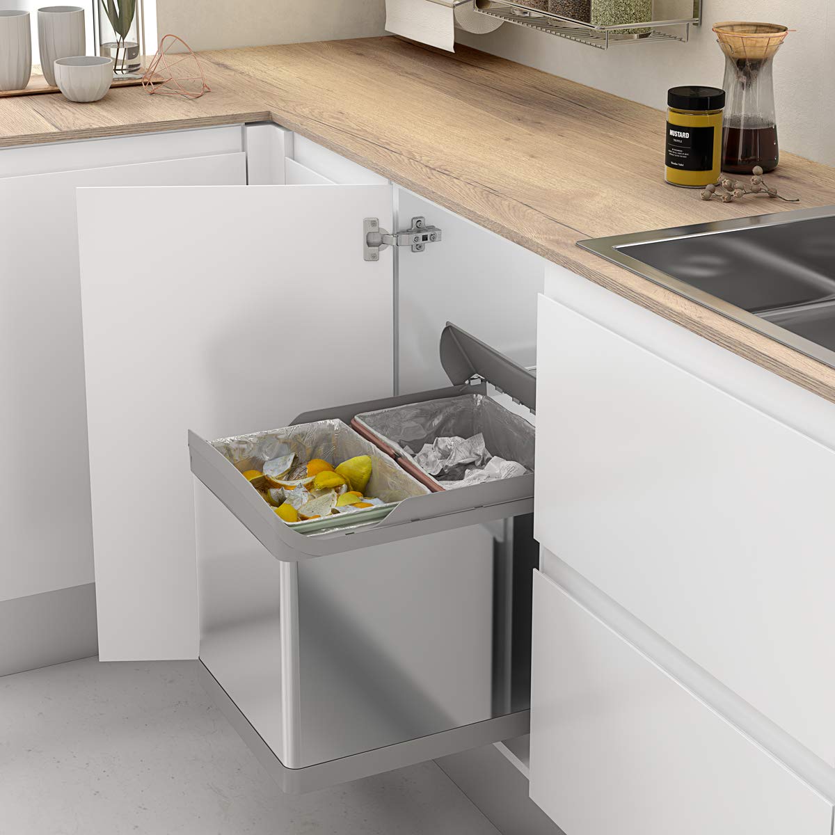 Menage Confort Pattumiera e riciclaggio estraibile - Da installare alla base di un mobile - In acciaio inox