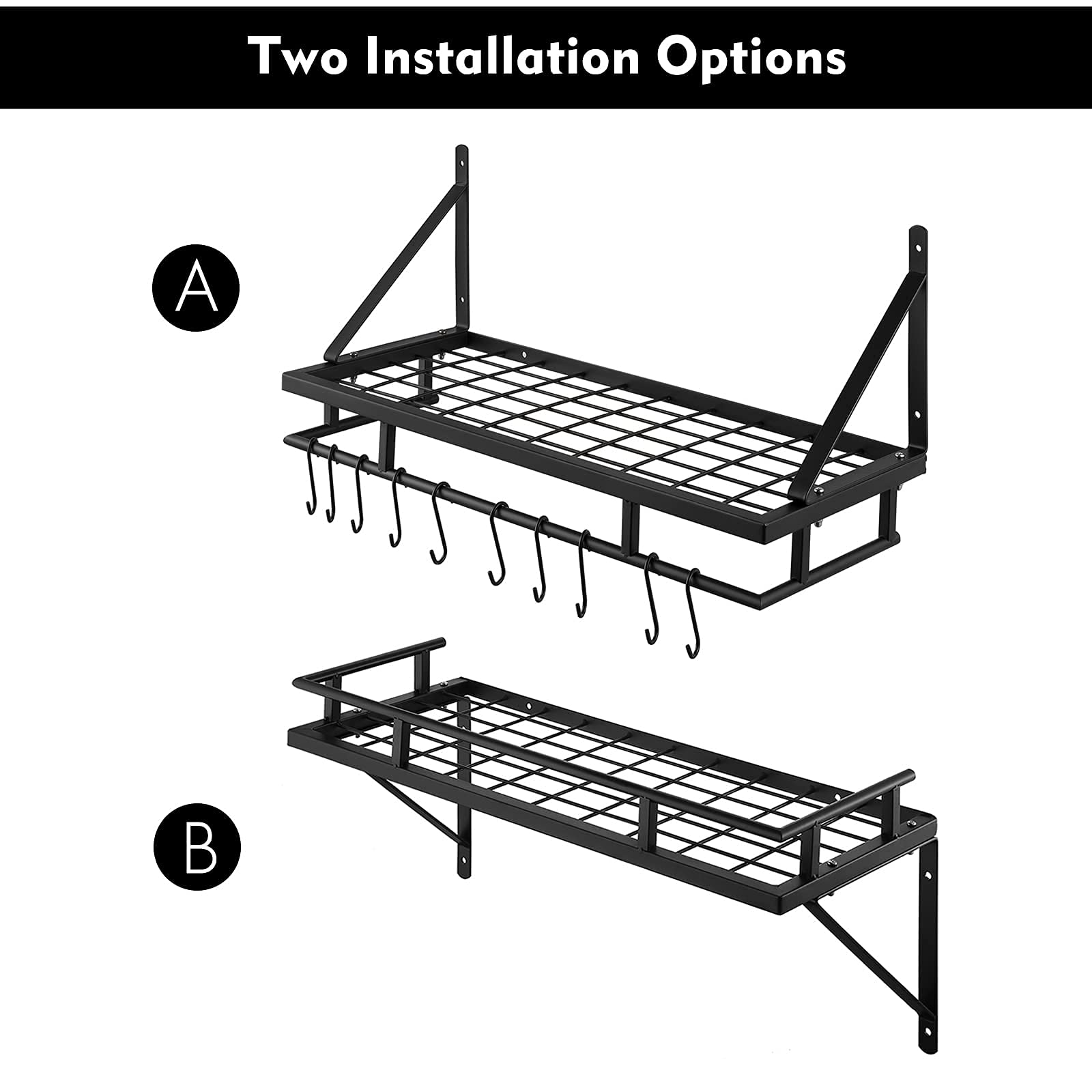 KES 24 Inch Kitchen Pot Pan Rack Wall Mounted Hanging Storage Organizer Wall Shelf With Hooks Matte Black, KUR215S60-BK