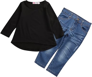 Kids Toddler Girls Black Long Sleeve T Shirt Tops Jean Denim Pants 2pcs Outfit Clothing Shoes Jewelry