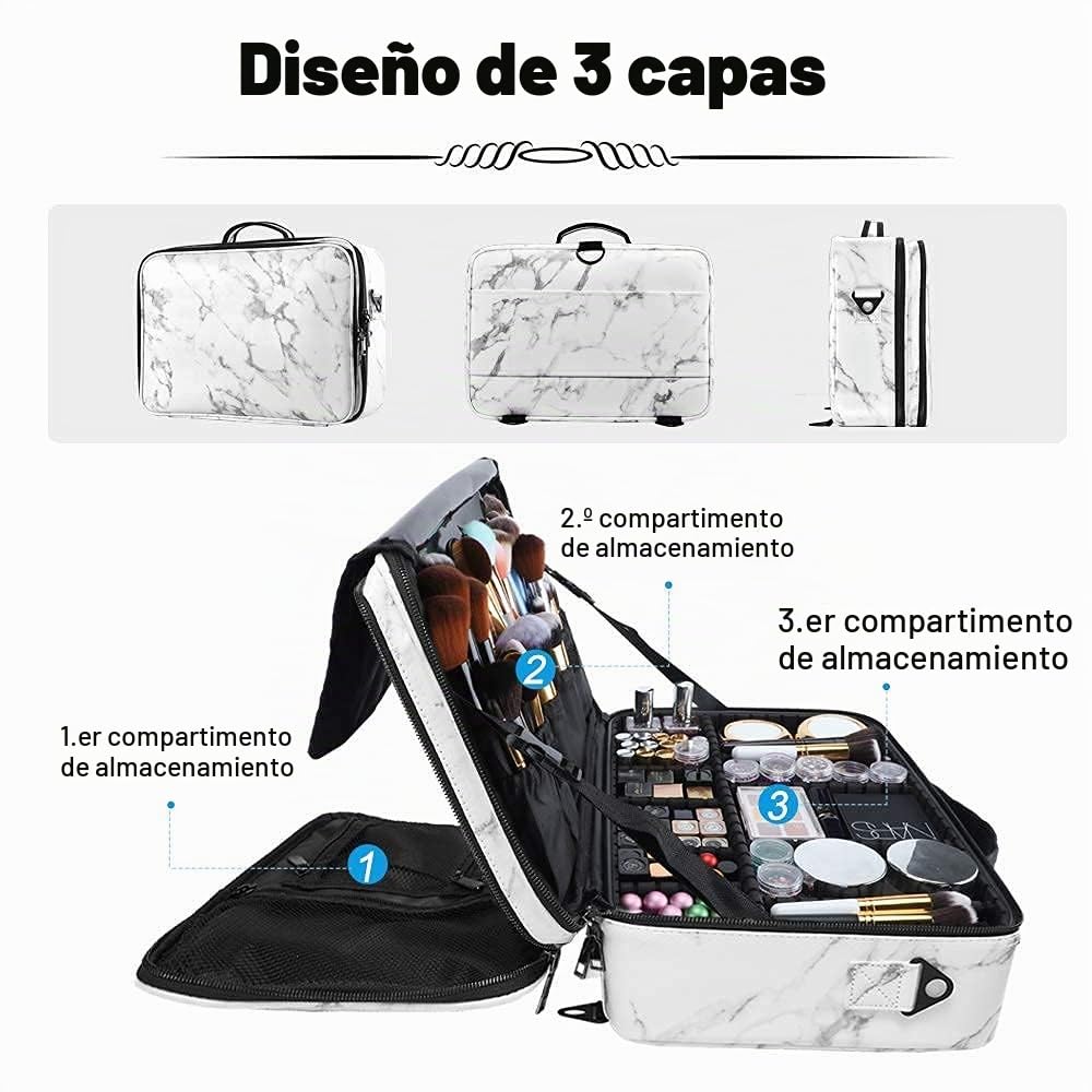 Makeup Bag, 3 Capas Organizador de Maquillaje, Neceser Viaje Mujer Kit de Maquillaje Resistente al Agua, Estuche de Maleta Maquillaje Profesionalcon Divisores y Correas Ajustables, 16''