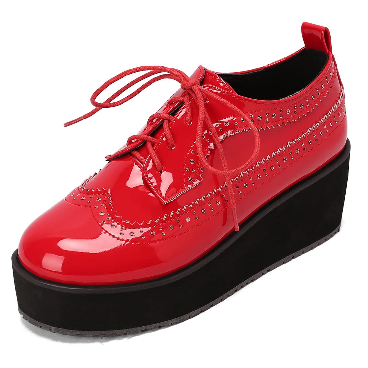 SHEMEE Womens Patent Leather Wedge Heel Platform Oxfords Pumps Wingtip Lace Up Round Toe Brogues Sneaker Shoes
