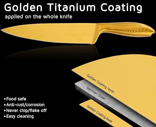 Miniatura 5 de WELLSTAR - Juego de cuchillos de cocina dorados de 5 piezas, hoja de acero inoxidable alemán afilada y mango ergonómico con revestimiento de titanio