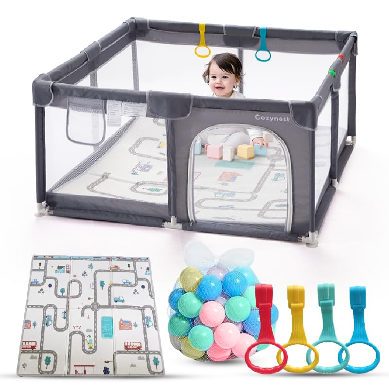 COZYNEST Parque Infantil Bebe 120x120 cm con Alfombra y 30 Bolas de Colores | 4 Agarraderas de Seguridad | Ideal para Niños y Niñas | Corralito bebé antiddeslizante