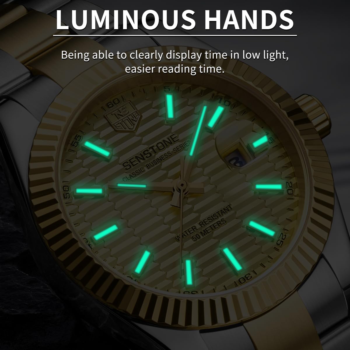 senstone Watches for Men, Luxury Classic Business Dress Quartz Watch Stainless Steel Strap Analog Waterproof with Luminous Large Dial Calendar