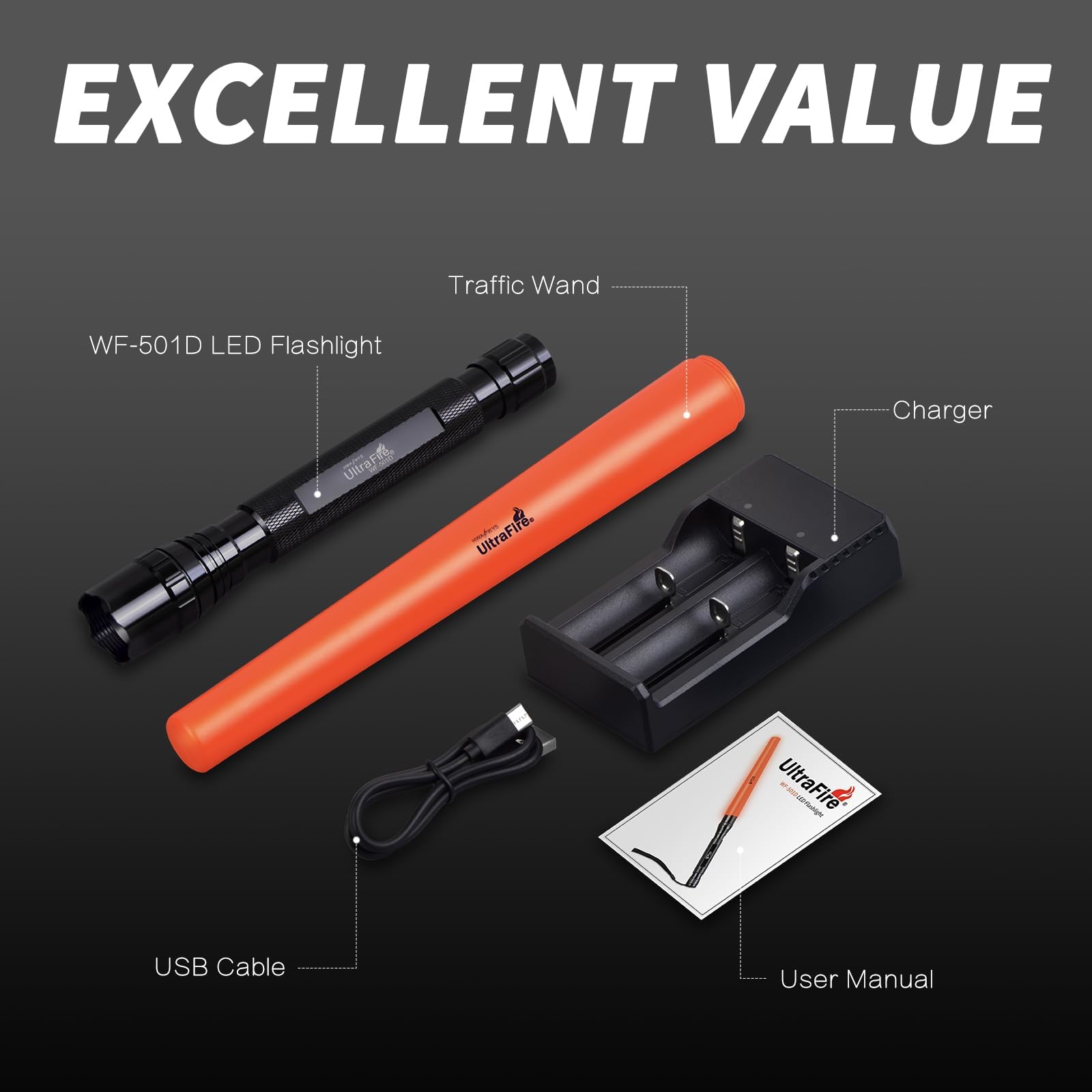 UltraFire 2PCS Verkehrsstab LED Taschenlampe, 18 Zoll Signalstab Taschenlampe, 1300 Lumen 3 Modi mit Rotem Blinkmodus für Verkehrsleittechnik, Feuerwehr, Flughäfen, Notfall, WF-501D
