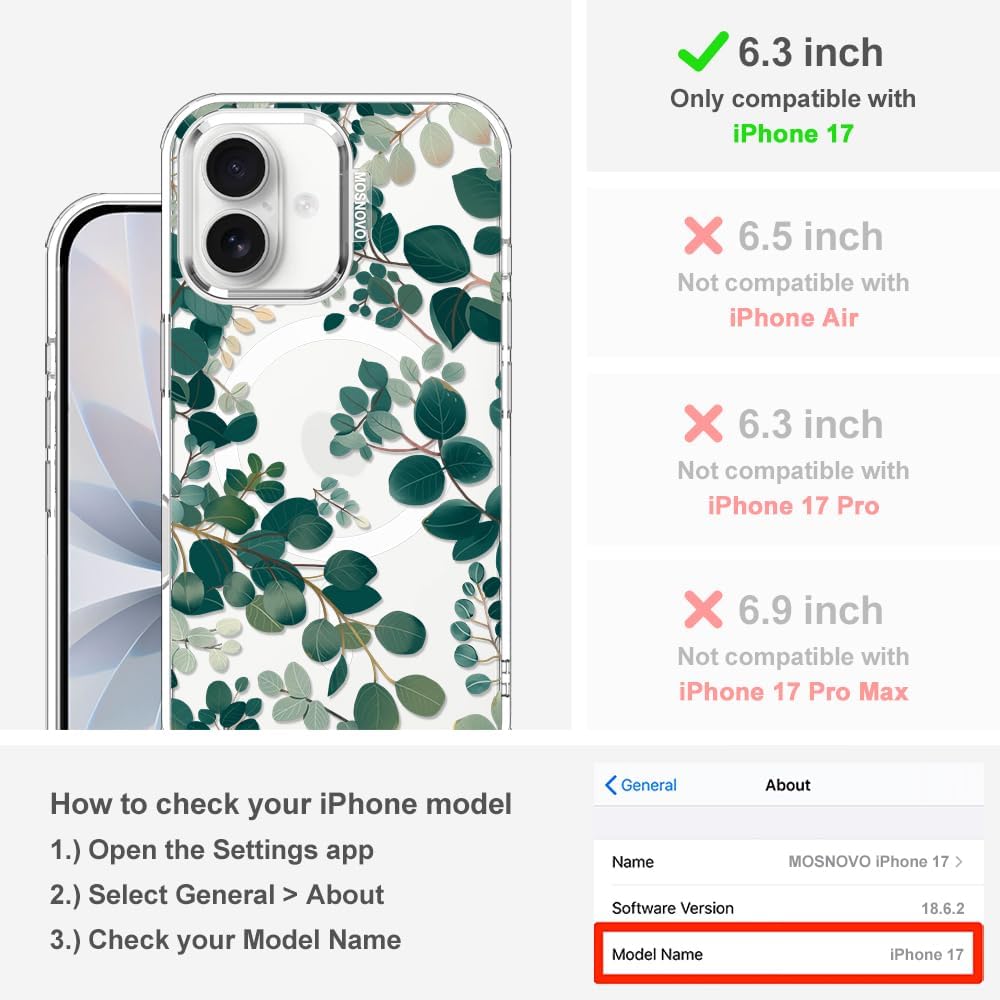MOSNOVO for iPhone 17 Case | Compatible with Magsafe | Military Grade 6.6ft Drop Tested | Camera Control | Clear with Eucalyptus Design - Image 2