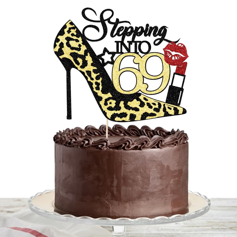 Stepping Into 69 Cake Topper,Funny 69th Birthday Party Decorations Supplies, Highheel Highheel lipstick Sign Cheers to 69 Years Cake Decorations。 — image 1