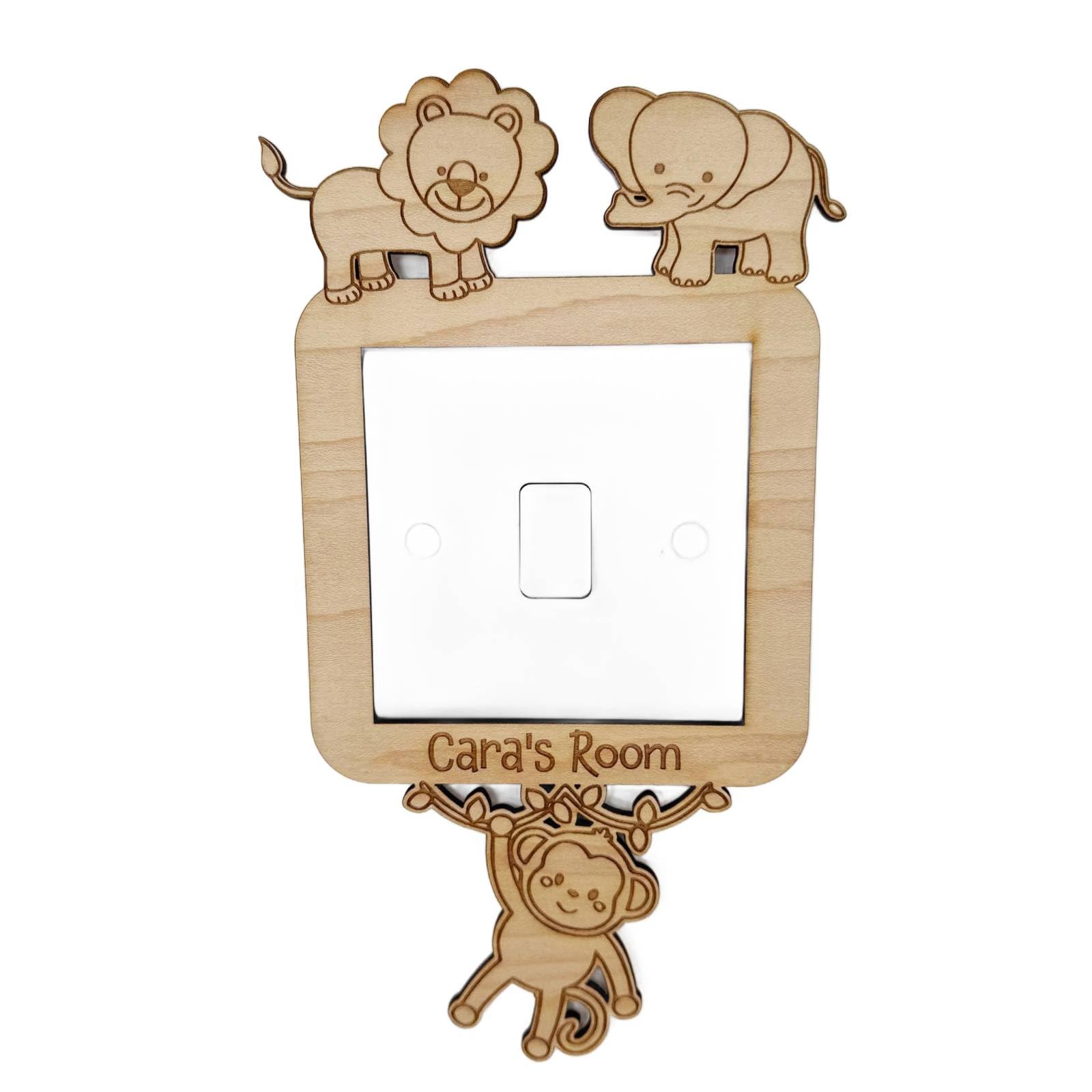 Luck and Luck Personalised Safari Animals Light Switch Surround – Wooden Nursery Light Cover – Jungle Theme Baby Room Décor – Children’s Bedroom Wall Plate – New Baby Gift