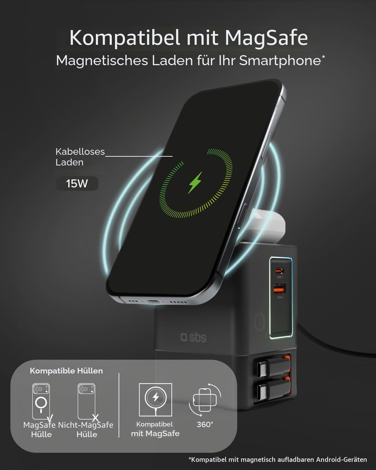 SBS Power Dock 6in1 100W USB-C, Kabelloses Laden 15W, MagSafe-kompatibel, Power Delivery (PD 3.0 PPS), Ladestation mit 2X Einziehbarem Kabel, Netzteil für Notebook, iPhone, AirPods, Schwarz | Power Delivery (PD 3.0 PPS), Ladestation mit 2 einziehbaren Kab