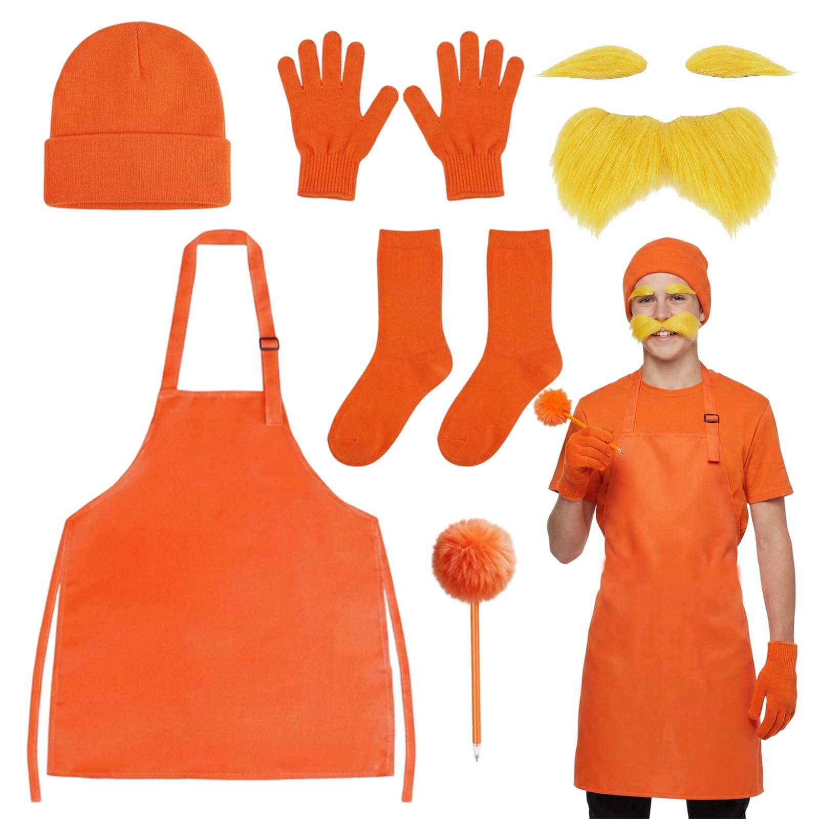 6Pcs Orange Halloween Costumes, Boys Girls World Book Day Celebrations, Halloween Costume Parties, Classroom Performances, Costume with Hat, Apron, Gloves, Socks, Moustache and Eyebrows, Furry Pen